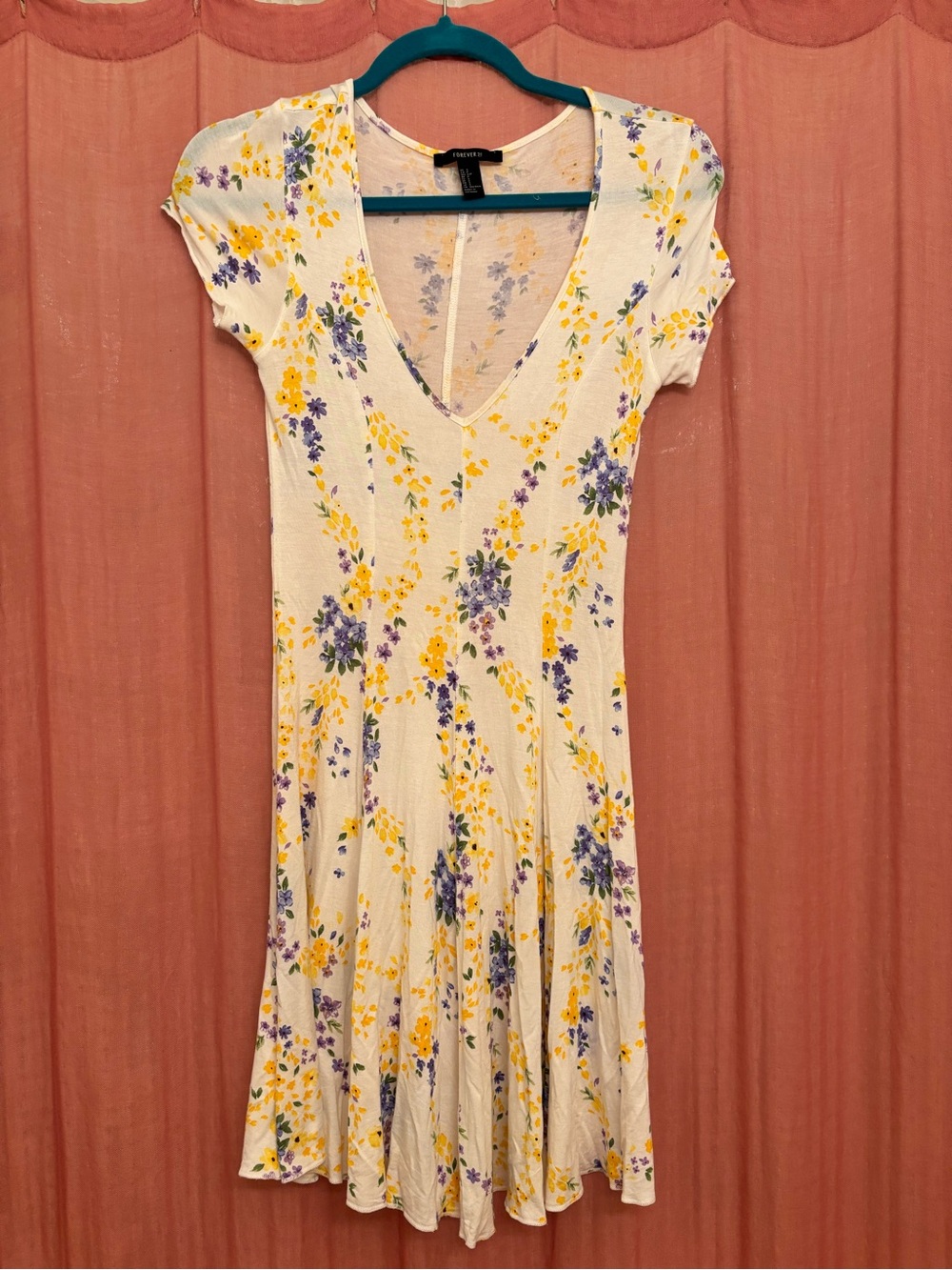 Forever 21 White Midi Dress with Yellow & Purple Floral Print